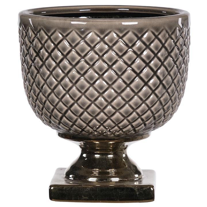 LIGHT GREY URN ETCHED PLANTER WITH GOLD 17x19cm