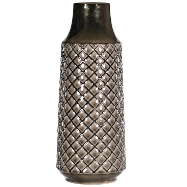 LIGHT GREY ETCHED VASE WITH GOLD 13x34cm