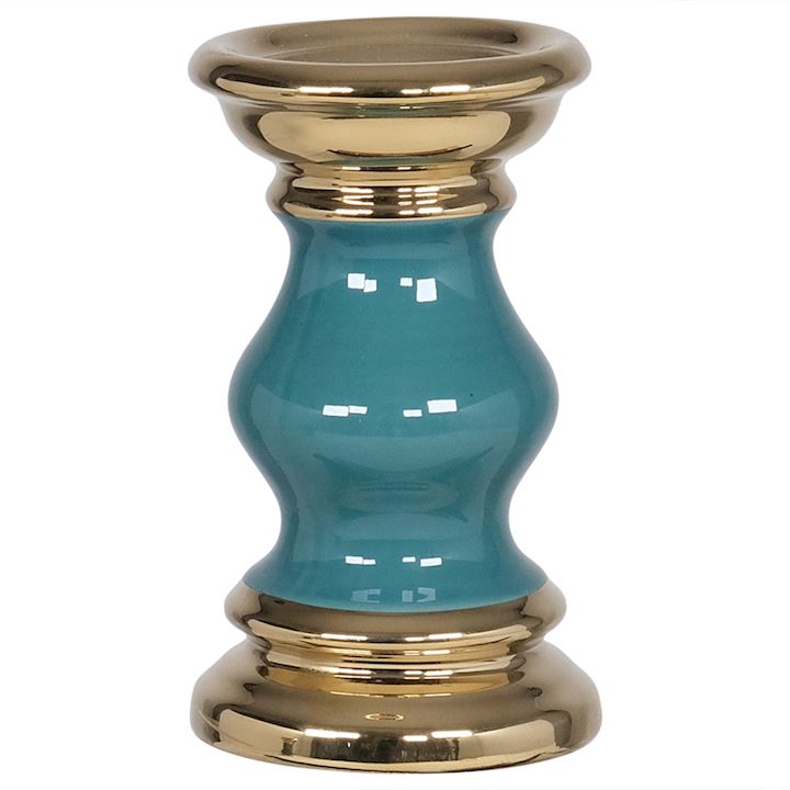 TEAL & GOLD LARGE CANDLE HOLDER 12x12x20cm