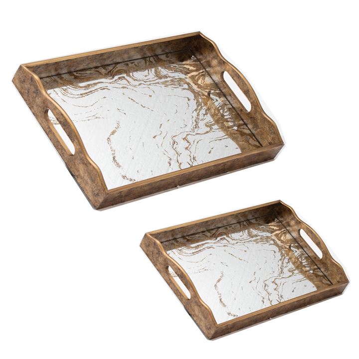 SET OF 2 AUGUSTUS MARBLED MIRRORED TRAYS L:45x30cm S:40x25cm
