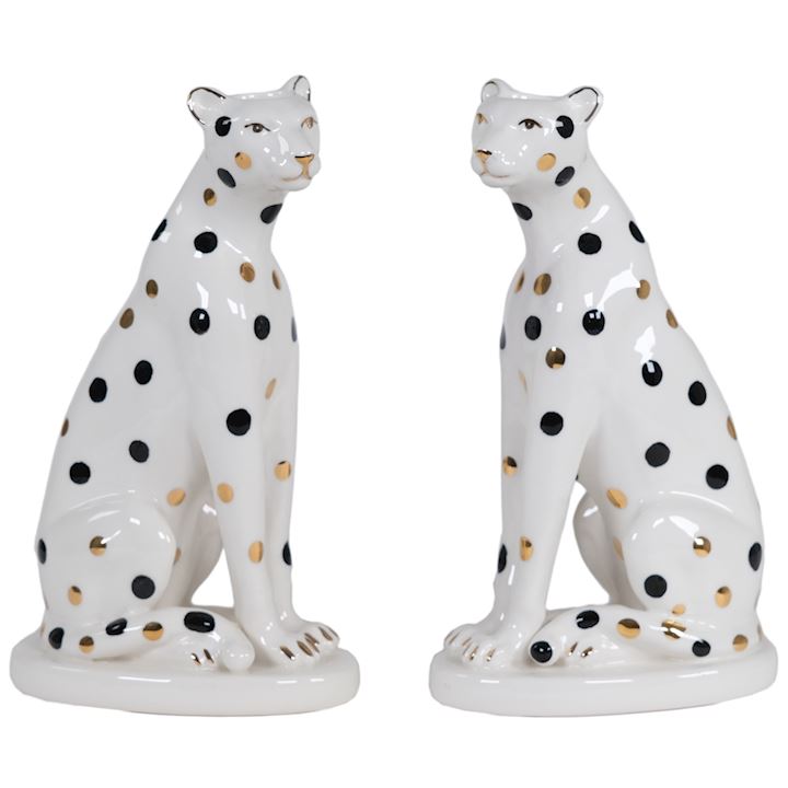 PAIR OF BLACK & WHITE LEOPARD CANDLE HOLDERS 8x13x22cm