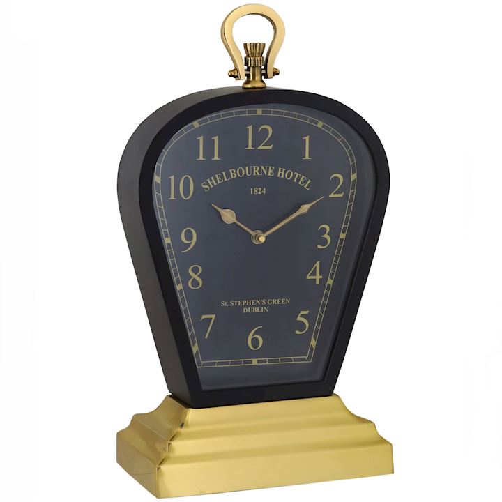 BLACK & BRASS CURVED SHELBOURNE HOTEL TABLE CLOCK 20x14x38cm