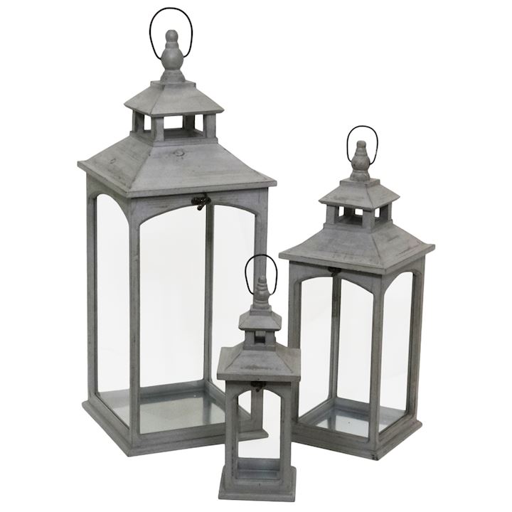 SET 3 GREY LANTERNS 31x31x81cm/23x23x60cm/15x15x41cm