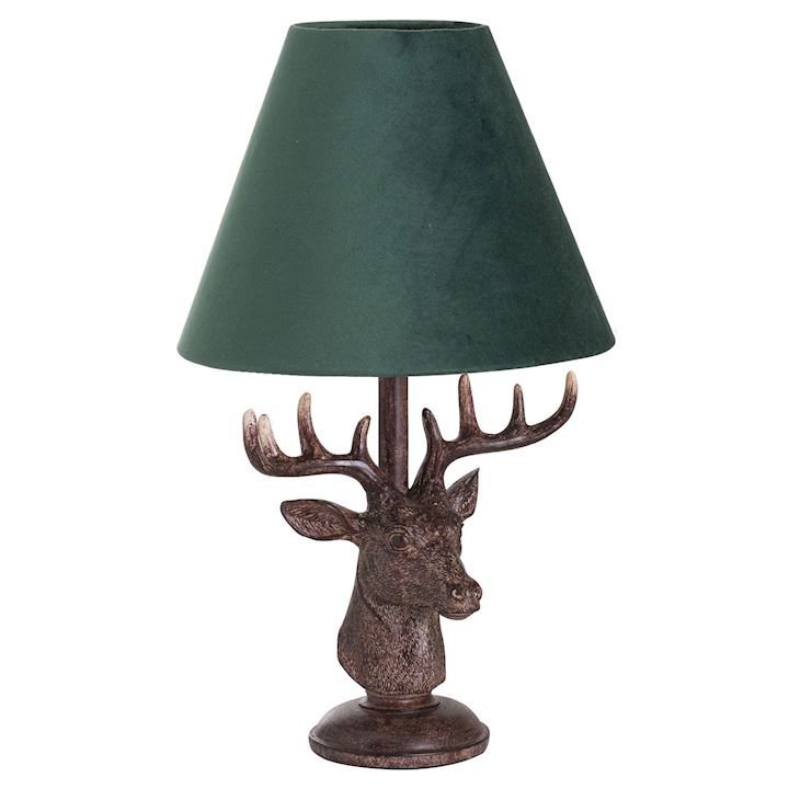 STAG HEAD TABLE LAMP WITH GREEN VELVET SHADE 28x28x48cm