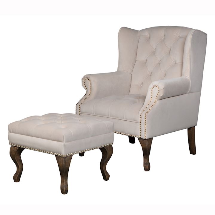 SAND BUTTON BACK ARM CHAIR AND FOOTSTOOL