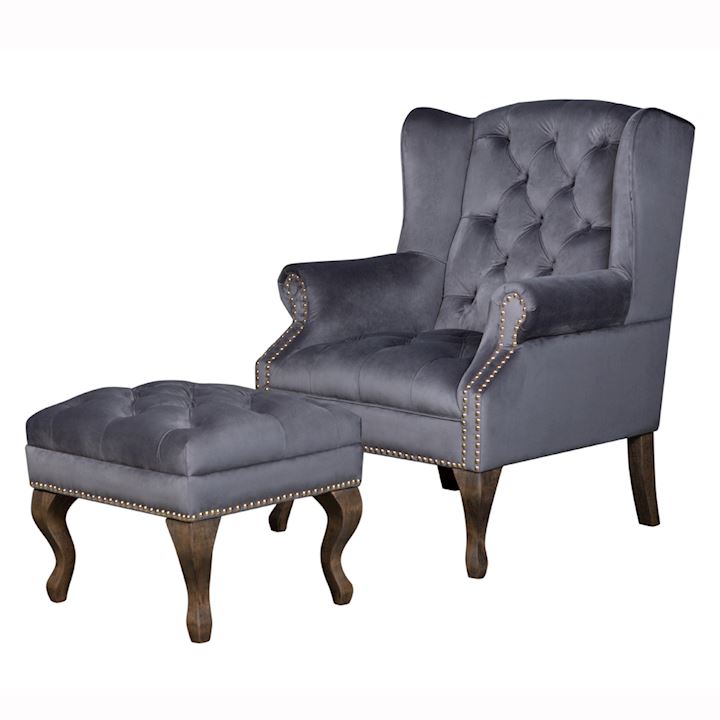 GREY BUTTON BACK ARM CHAIR AND FOOTSTOOL