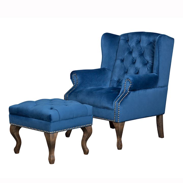 NAVY BUTTON BACK ARM CHAIR AND FOOTSTOOL