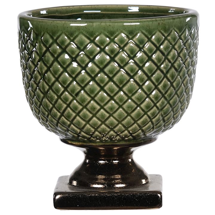 GREEN URN PLANTER WITH DETAIL 17x19cm