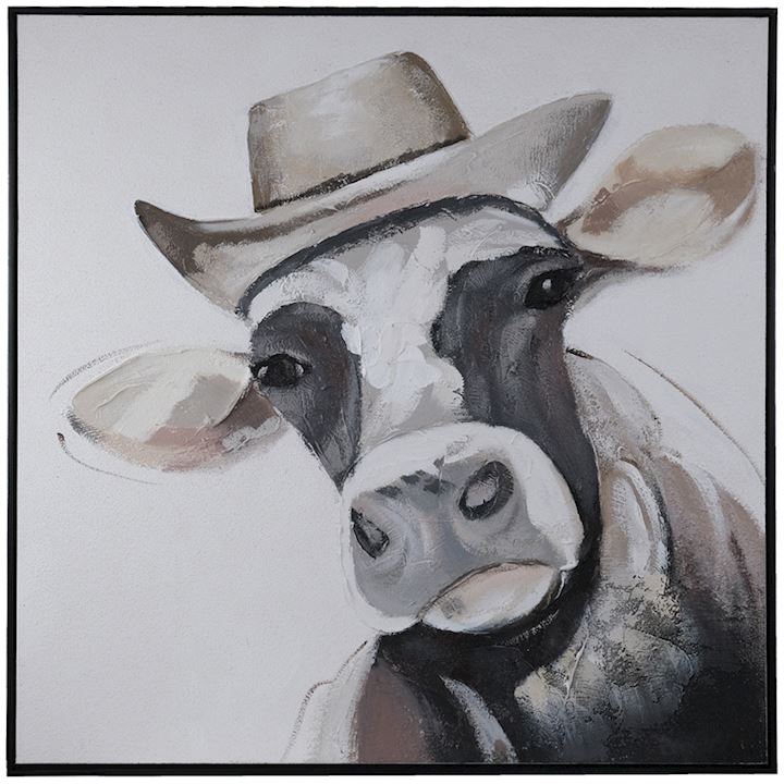 FRAMED COW IN A HAT OIL PAINTING 80x80cm