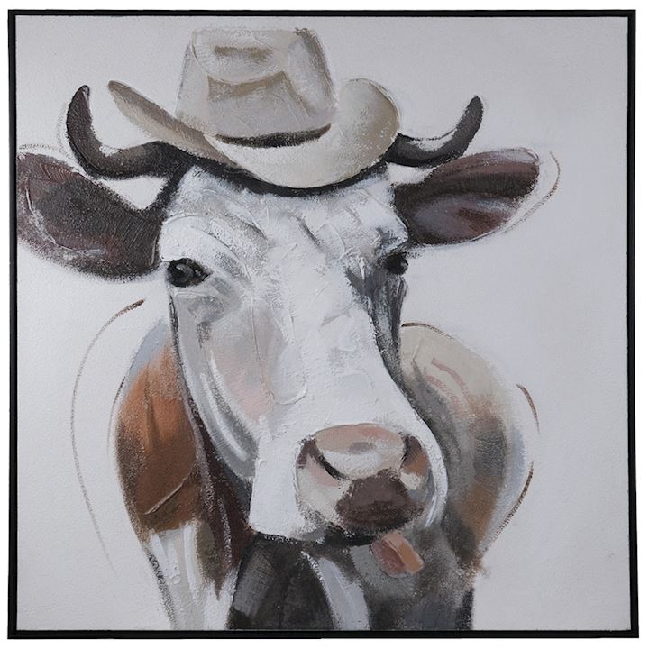 FRAMED COMEDY COW OIL PAINTING 80x80cm
