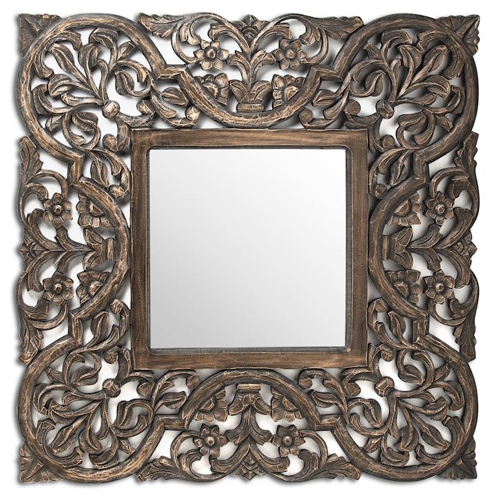 SQUARE GREY CARVED MIRROR 90x90cm