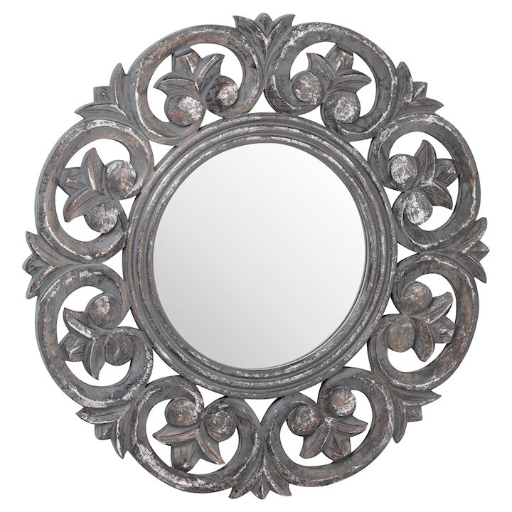 CIRCULAR GREY WITH SILVER FOIL CARVED MIRROR 90cm