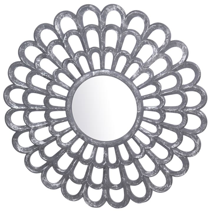CIRCULAR GREY WITH SILVER FOIL CARVED MIRROR 90cm