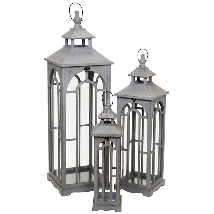 SET 3 WOODEN LANTERNS 32x32x104cm/24x24x80cm/16x16x60cm