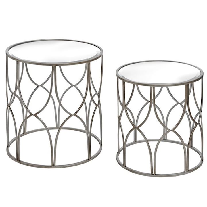 SET 2 SILVER ROUND TABLES 56x62cm & 48x53cm