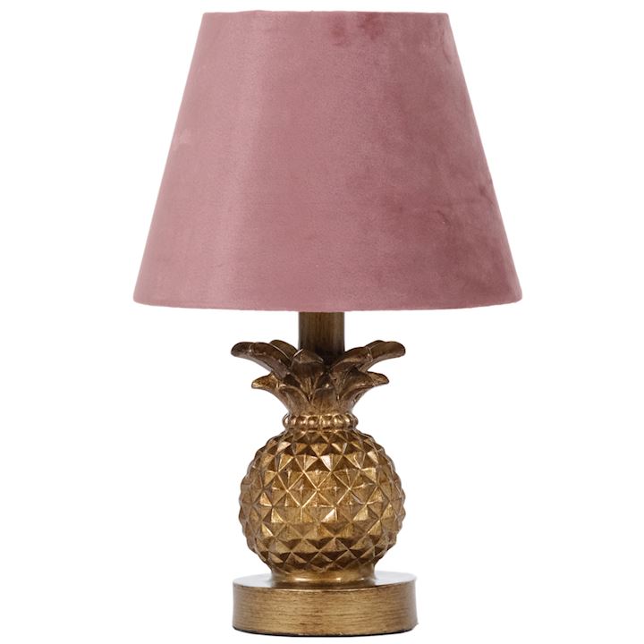 A/Q GOLD PINEAPPLE LAMP WITH ROSE SHADE 34cm
