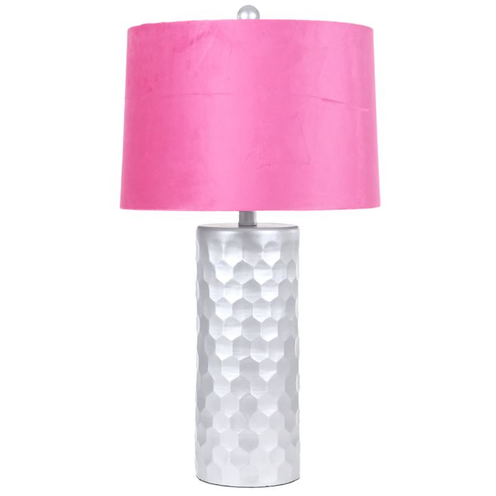 HONEYCOMB SILVER TABLE LAMP W/ROSE VELVET SHADE 35x35x60cm