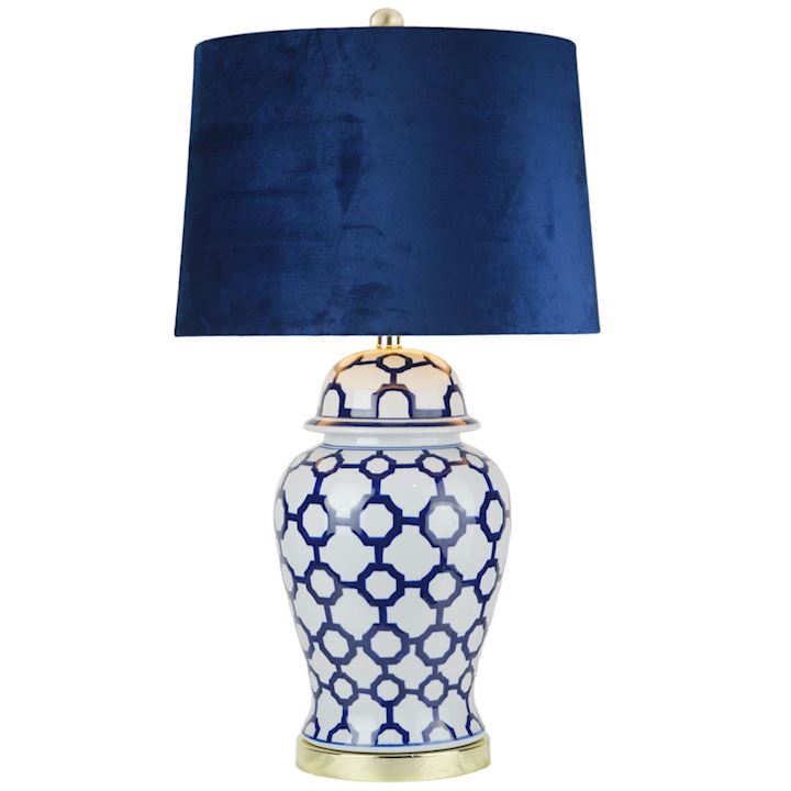 WHITE & BLUE CERAMIC LAMP WITH NAVY VELVET SHADE 36x36x71cm