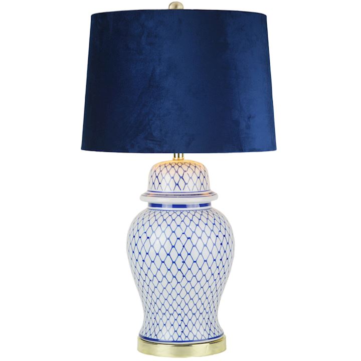 WHITE & BLUE CERAMIC LAMP WITH NAVY VELVET SHADE 36x36x71cm