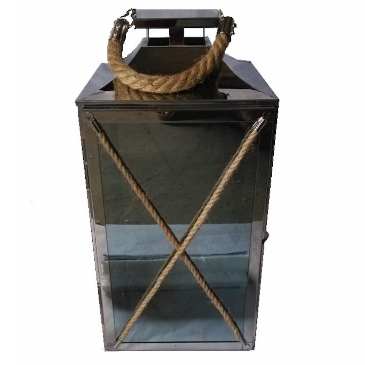 SPECIAL...SMOKED GLASS LANTERN WITH ROPE 18x18x38cm