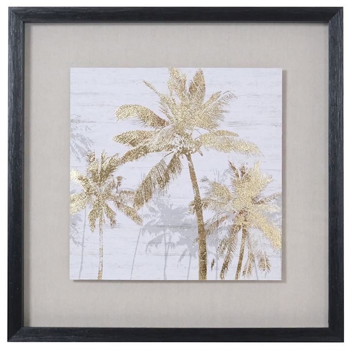 PALM TREES WITH GOLD LEAF IN BLACK FRAME A 50x50cm