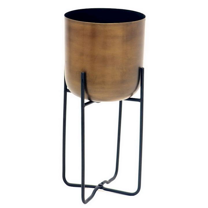 ANTIQUE BRASS PLANTER ON BLACK STAND (L) 16x16x36cm