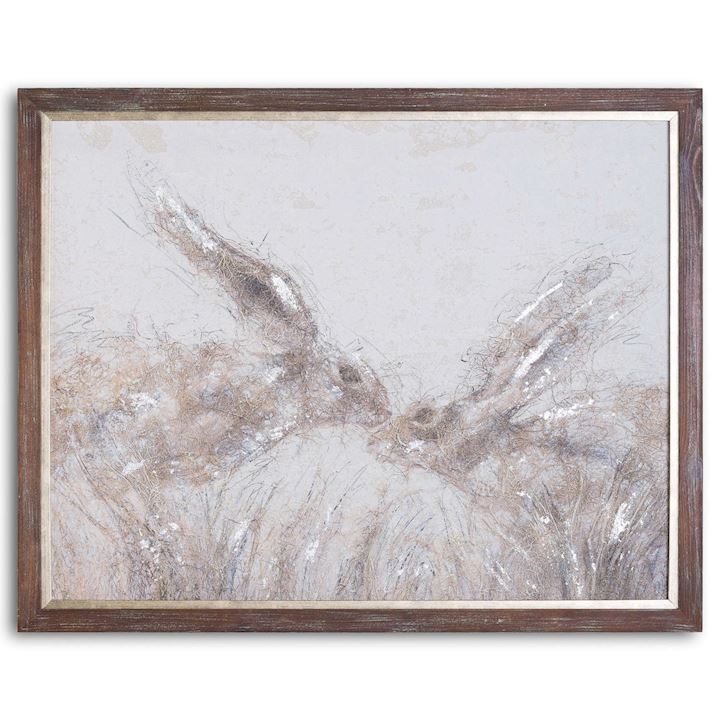 MARCH HARES ON CEMENT BOARD WITH FRAME 90x70cm