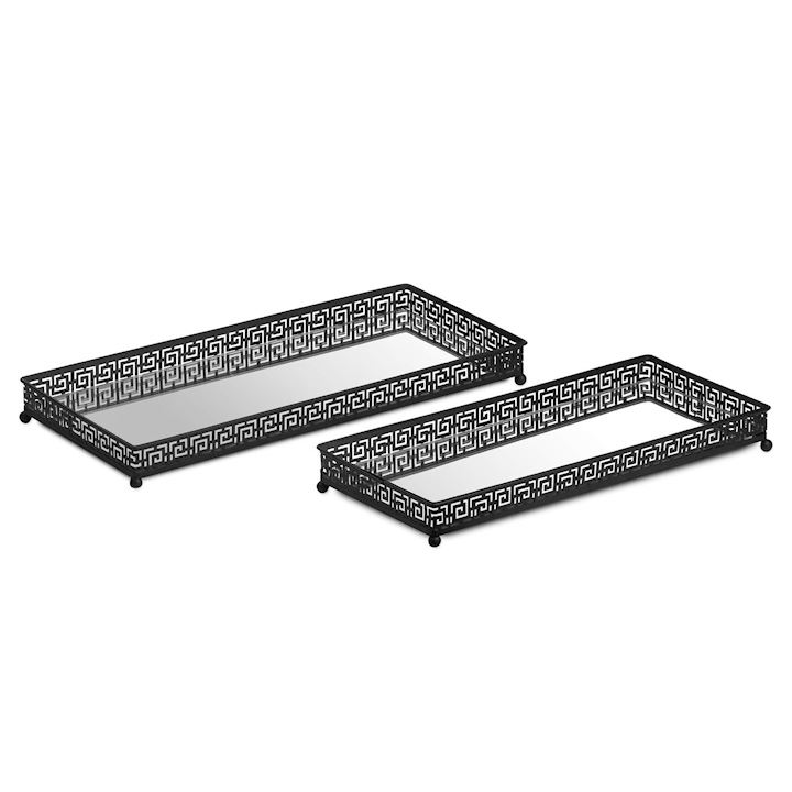 SET 2 RECT AZTEC BLACK MIRRORED TRAYS (L)37x17cm (S)33x15cm